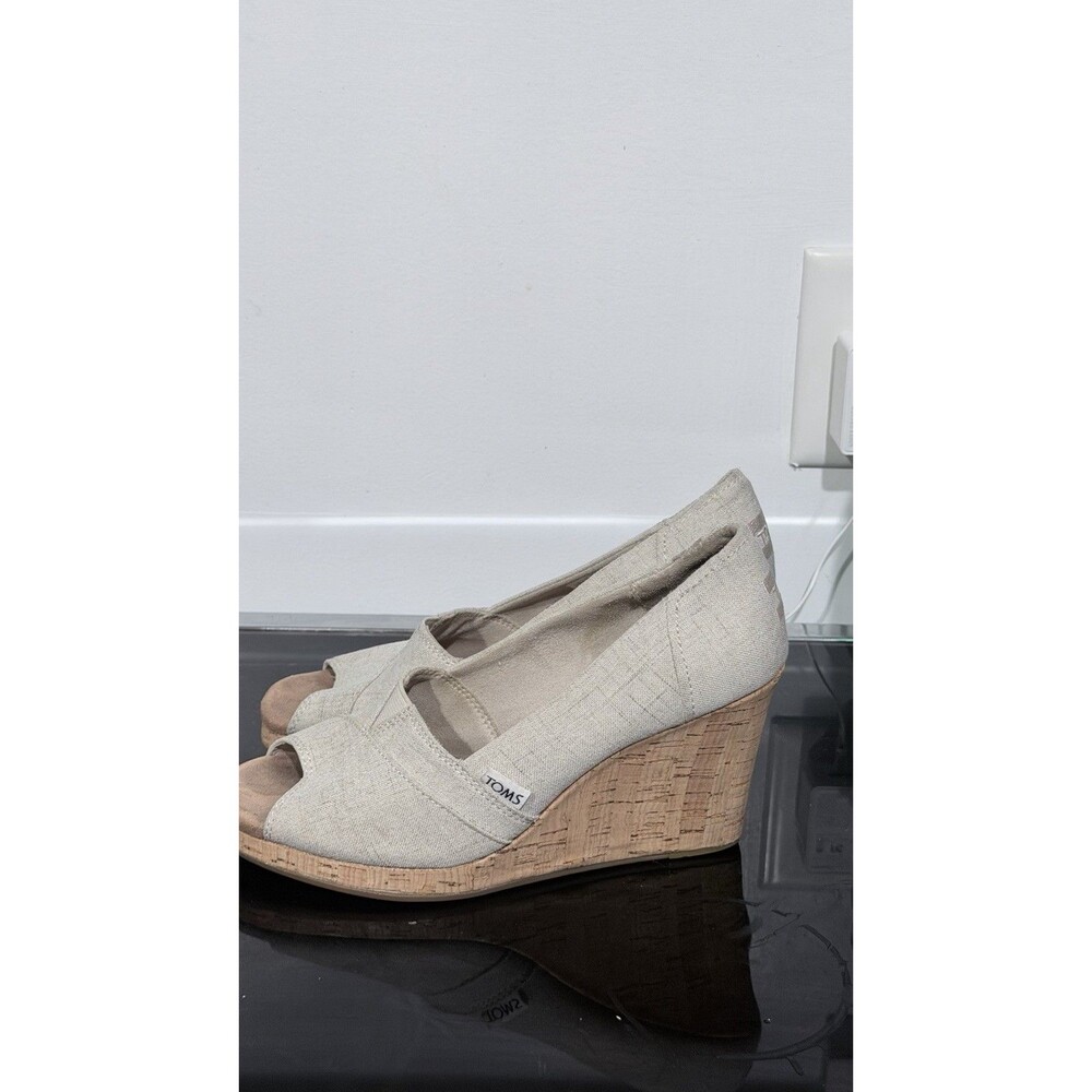 TOMS Classic Beige Linen Canvas Cork Wedge Open Toe Shoe Woman's Size 7.5